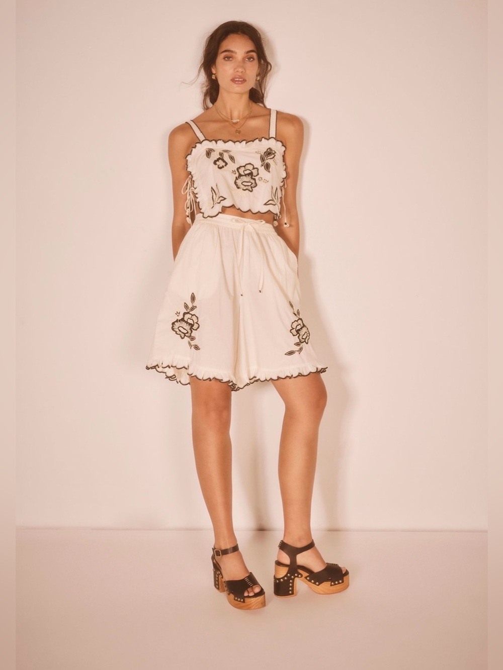 Free People Marin Short Set is crafted from ivory cotton with Black Embroidered - Picture 5 of 13